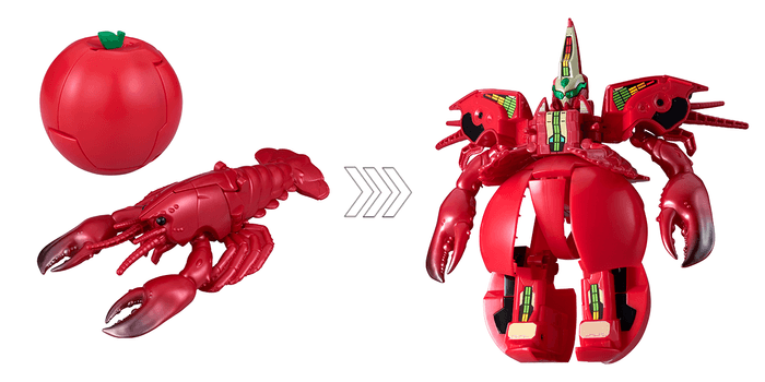(左)合体前の「りんご」と「ロブスター」 (右)「りんご」と「ロブスター」が合体してできたロボ『ユニトロボ アップルロブスター』