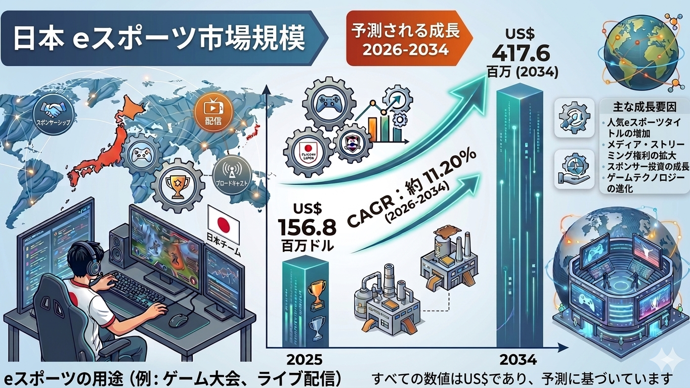 日本のeスポーツ市場規模、2034年までに4億1760万米ドルを突破へ | 年平均成長率（CAGR）は11.20％
