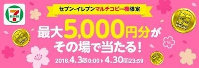 セブン-イレブンマルチコピー機限定キャンペーン  ビットキャッシュを5,000円以上買うと、 抽選で555名様にビットキャッシュがあたる  4月3日(火)から開始！