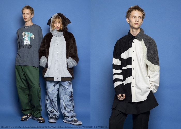 左)男性モデル:GIZMO MAYHEM L.S. TEE ¥15,180、DOUBLE DRAWCORD PANTS ¥35,970 女性モデル:BAT EAR COAT ¥87,450、SMOKEY GIZMO BOTTOMS ¥36,850/右)CREATURE SHIRTS ¥29,480(全て税込)