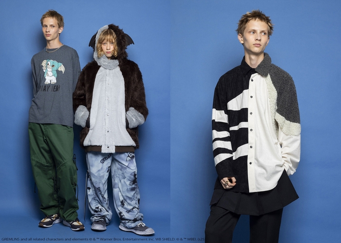 左)男性モデル：GIZMO MAYHEM L.S. TEE ￥15&#44;180、DOUBLE DRAWCORD PANTS ￥35&#44;970 女性モデル：BAT EAR COAT ￥87&#44;450、SMOKEY GIZMO BOTTOMS ￥36&#44;850／右)CREATURE SHIRTS ￥29&#44;480(全て税込)