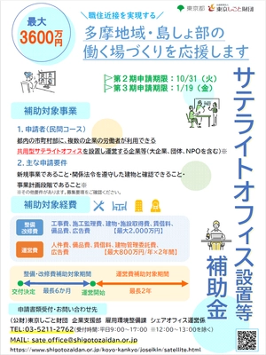 「サテライトオフィス設置等補助金」第3期　 11/13(月)から追加募集開始！要件が一部緩和、申請が容易に