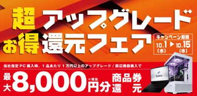 対象iiyama PCご購入時のアップグレードや周辺機器ご購入で 最大8,000円分相当を還元する 「超お得アップグレード還元フェア」を 10月1日から10月15日までの期間限定で開催