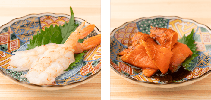 赤海老刺し＆サーモンの青唐醤油