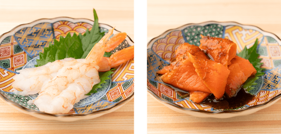 赤海老刺し＆サーモンの青唐醤油