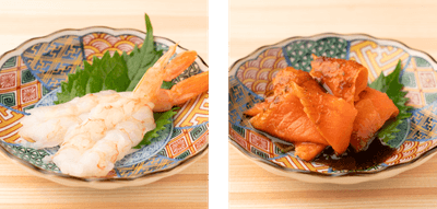 赤海老刺し＆サーモンの青唐醤油