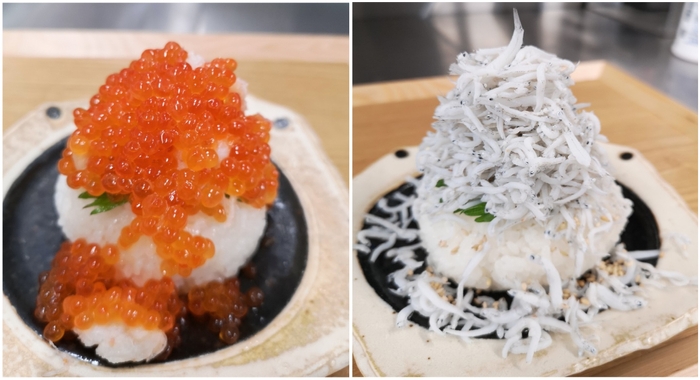 ぶっかけおにぎり各種！(左)カニ・いくらおにぎり (右)しらすおにぎり