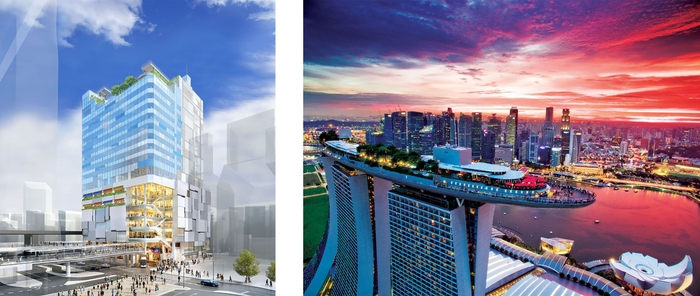 左)道玄坂一丁目駅前地区第一種市街地再開発事業外観(北東側)イメージ 右)「CE LA VI Singapore」 Marina Bay Sands