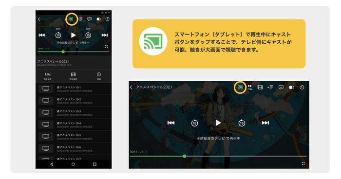 再生中にキャストボタンをタップすることで、テレビ側にキャストが可能。