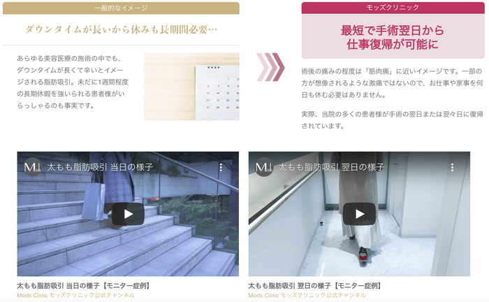 特設ページでは脂肪吸引の手術直後・手術翌日の動画を掲載