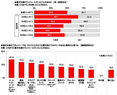 愛犬を連れてレジャーに行ったことがあるか/愛犬を連れてのレジャーでは、クルマにどのような愛犬用アクセサリーがあると便利だと思うか