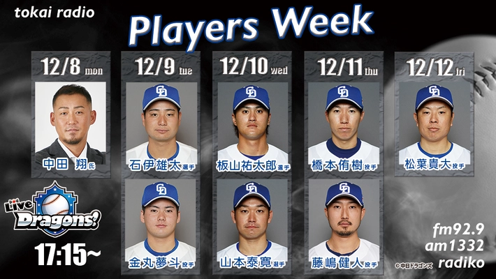 【TOKAI RADIO】中日ドラゴンズOB・中田翔らが生出演の「Live Dragons！」12/8(月)から「Players’ Week」