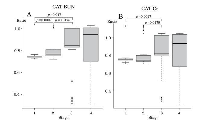 図:猫の慢性腎臓病ステージ別におけるBUN(尿素窒素)・Cr(クレアチニン)比率の推移および有意差検証データ(学術研究発表資料より抜粋)