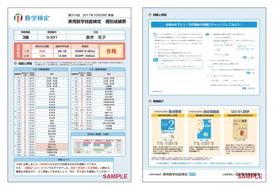 「数学検定3級」個別成績票サンプル 表面・裏面