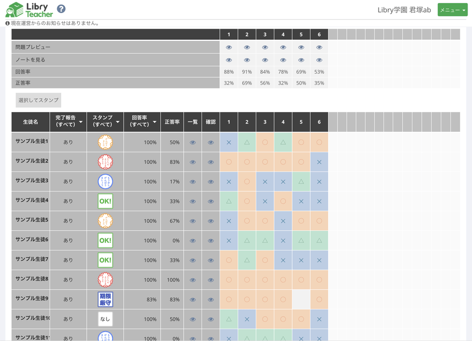宿題管理画面 提出状況一覧