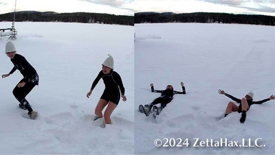 凍った湖の上で雪に飛び込む