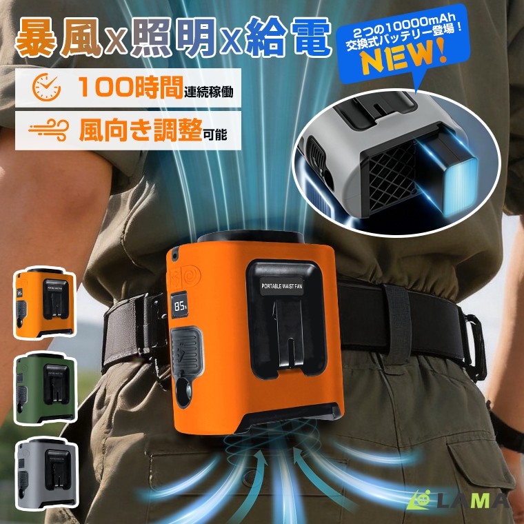 大容量20,000mAh×100時間連続使用！暴風×照明×モバイル給電の3WAY腰掛けファン新発売　夏の屋外作業も快適に