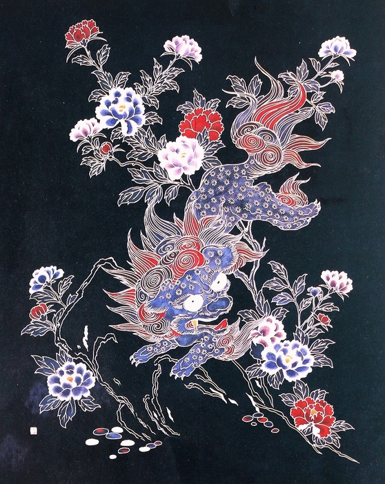 浜完治作:唐獅子の型染め