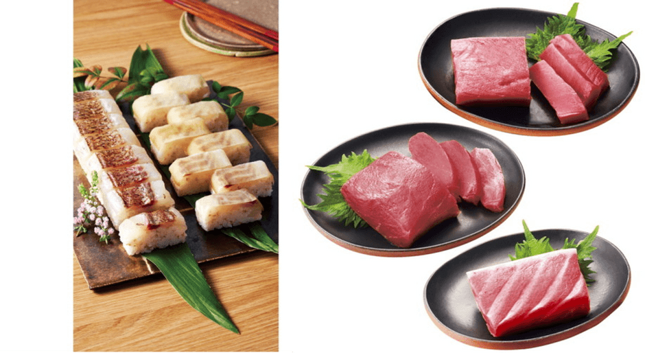 近大真鯛棒寿司(左)、近大マグロ短冊セット(右)