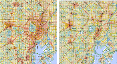 東京都内の平日(左)と休日(右)の昼間人口(12-15時)の比較