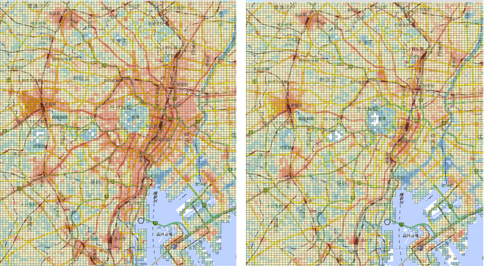 東京都内の平日(左)と休日(右)の昼間人口(12-15時)の比較