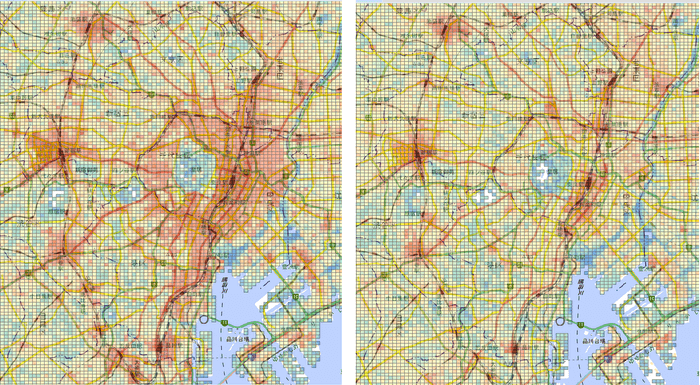 東京都内の平日(左)と休日(右)の昼間人口(12-15時)の比較