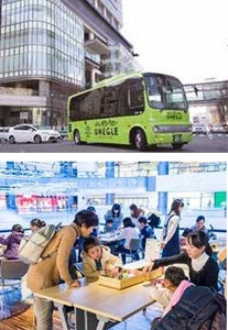 (上)梅田巡回バス「うめぐるバス」 (下)梅田スノーマンフェスティバル2017