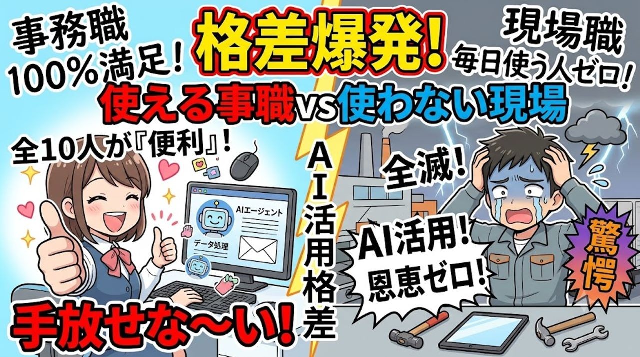 【AI活用実態調査】事務職の10人中10人が「便利」と回答も、現場職では毎日使う人がゼロ――職種間で広がる“AI活用格差”