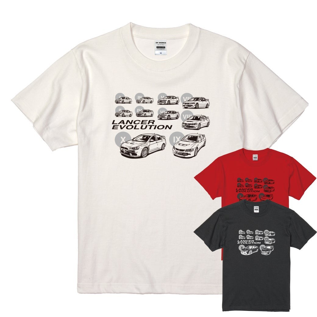 Amazon.co.jp に三菱ランサーエボリューションの進化を描いたTシャツが新ラインナップで登場!