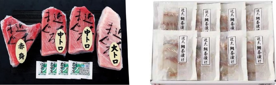 黒門市場<新魚栄>近大マグロセット(左)、黒門市場<新魚栄>近大鯛茶漬けセット(右)