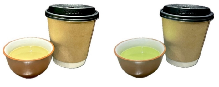 「ほうじ茶ラテ」（左）、「抹茶ラテ」（右）　※茶碗は付かず、テイクアウト用カップで提供します