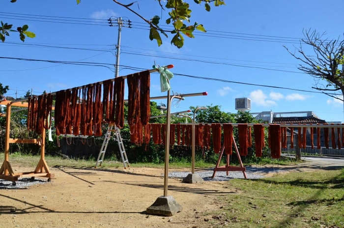 赤く染まった草木染めの工程