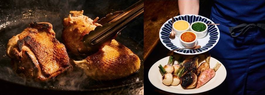 地鶏炭火焼き／無農薬焼き野菜・ソース3種類