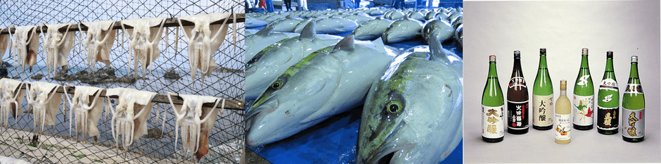 スルメイカ、スミイカ、ヤリイカなどが年間を通して獲れる〔写真左〕。佐渡の寒ブリ〔写真中央〕。佐渡の米と清らかな水から生まれる日本酒〔写真右〕