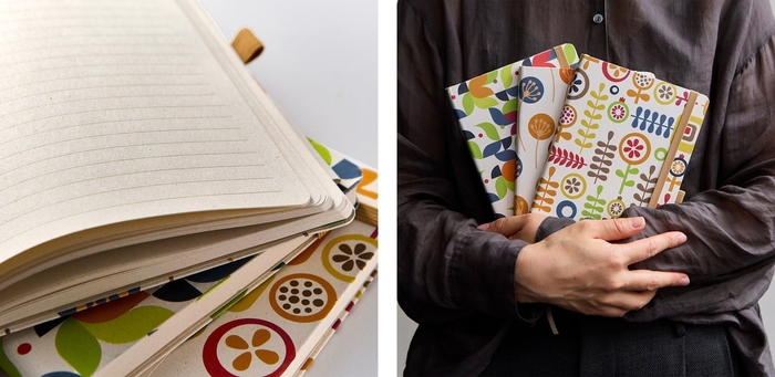 原料の素朴な風合いが残る紙と落ち着いたグリーンの罫線。 持っているだけで気持ちが明るくなりそうなノート。