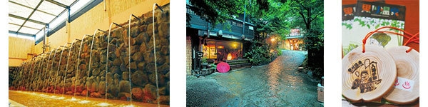 【左から】ひょうたん温泉（瀧湯）、黒川温泉町並み、黒川温泉湯めぐり手形