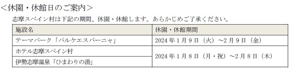 志摩スペイン村休園日