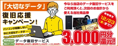 お客様の大切なデータの復旧をパソコン工房が応援！「データ復旧サービス」のご利用で当社商品券3,000円分を還元するお得なキャンペーンを11月26日(土)より期間限定で開催！