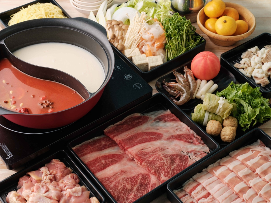 【黒毛和牛&茶美豚&備中高原鶏<Premium>選べるスープしゃぶしゃぶ鍋】(イメージ)