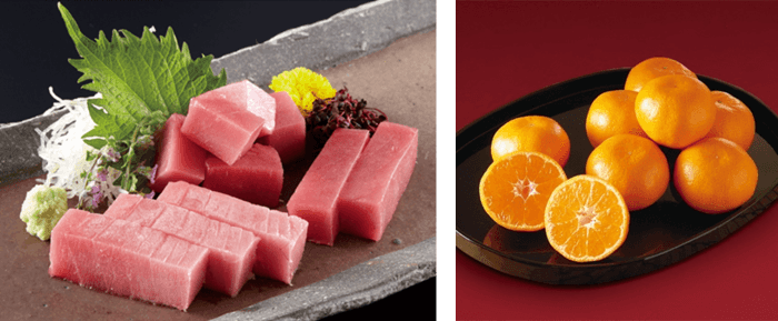 近大マグロセット（左）、近大みかん（右）