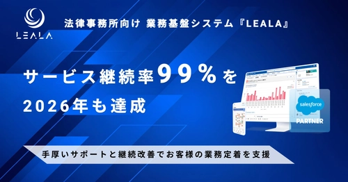 レアラ、法律事務所向け業務基盤システム『LEALA』の サービス継続率99％を2026年も達成　手厚いサポートと 4年間累計424件の機能改善がお客様の業務定着を支援