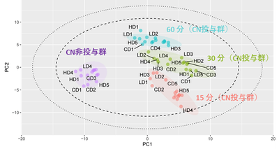図3 シアン化物（CN）非投与群（紫）およびCN投与群における血清試料の主成分分析（PCA）スコアプロット　赤はシアン化物の投与から15分後の群、緑は30分後の群、青は60分後の群を示す