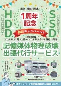 「HDD・SSD等記憶媒体物理破壊出張代行サービス」1周年記念 　お試し無料キャンペーンを2022年12月22日より受付開始