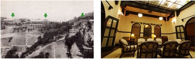 (左)左から 旧新館・旧館(現存)・六甲登山ロープウェー (右)旧館2階 ライブラリー(現在入館不可)
