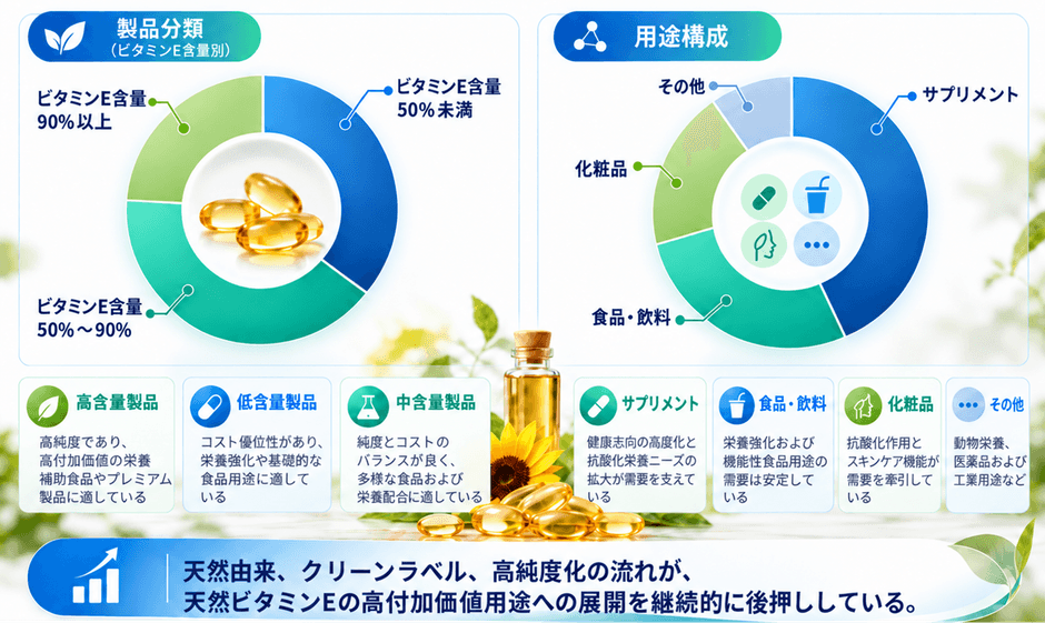 図．  世界の天然ビタミンE市場：製品タイプ別・用途別構成