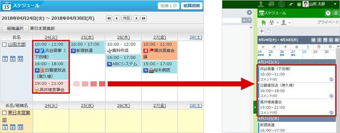 「desknet's NEO」のスケジュール(左)をマイルームに表示(右)