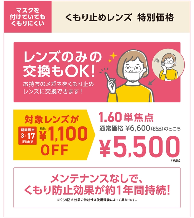 くもり止めレンズが期間限定 税込￥1,100 OFF！お持ちのメガネをくもり止めレンズに交換もできます！