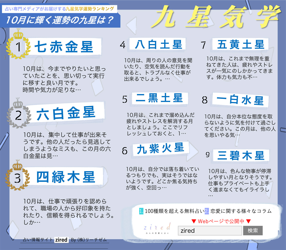 あなたはどの星？九星気学で占う『10月運勢ランキング』を占いメディア