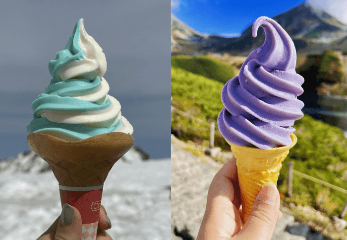 みくりが池ソフト(左)とブルーベリーソフト(右)