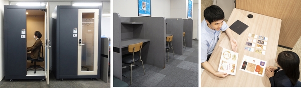 （左：RemoteworkBOXドア開放時　中央：フリーデスク　右：相談イメージ）